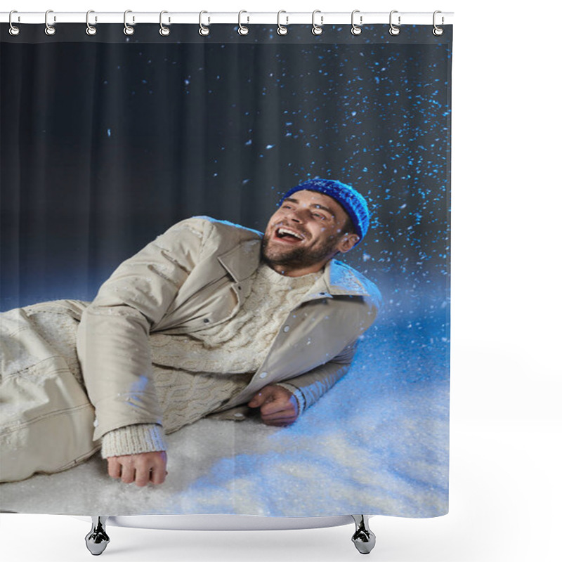 Personality  A Young Man Dressed Warmly Smiles Brightly As Snowflakes Dance Around Him In Winter. Shower Curtains