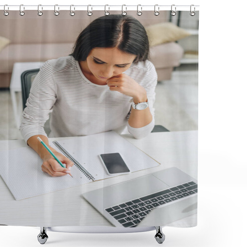 Personality  High Angle View Of Beautiful Woman Writing In Notebook With Pencil  Shower Curtains