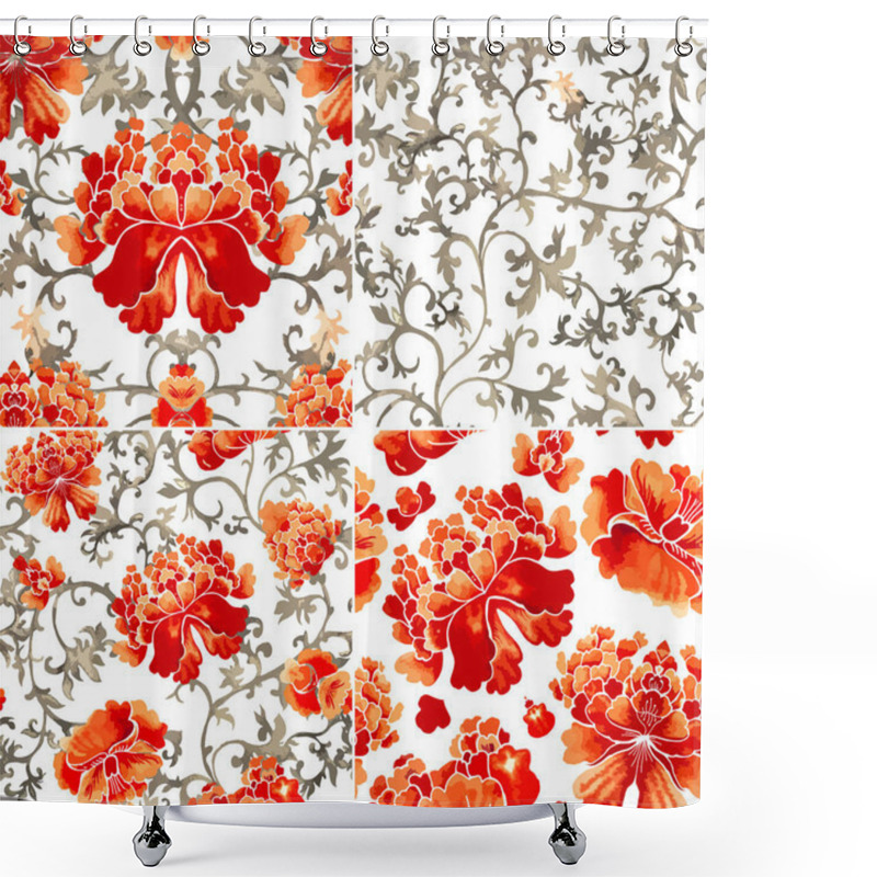 Personality  Set Of Seamless Patterns With Red Flowers Shower Curtains