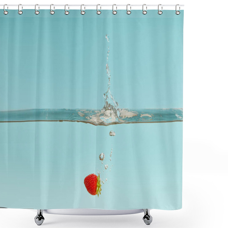 Personality  Ripe Strawberry Falling In Water With Splash On Blue Background Shower Curtains