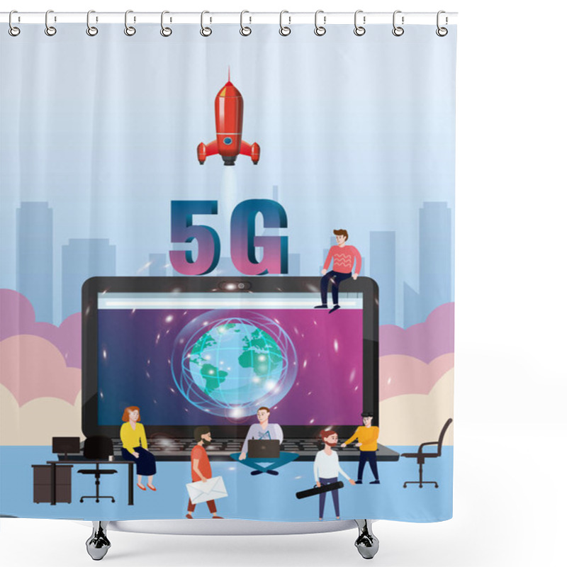 Personality  5G Internet New Mobile Wireless Technology Wifi Connection. Start Rocket Tine People Laptop City Letters 5g. Fifth Innovative Generation Of The Global High Speed Internet Network. Vector Concept Shower Curtains