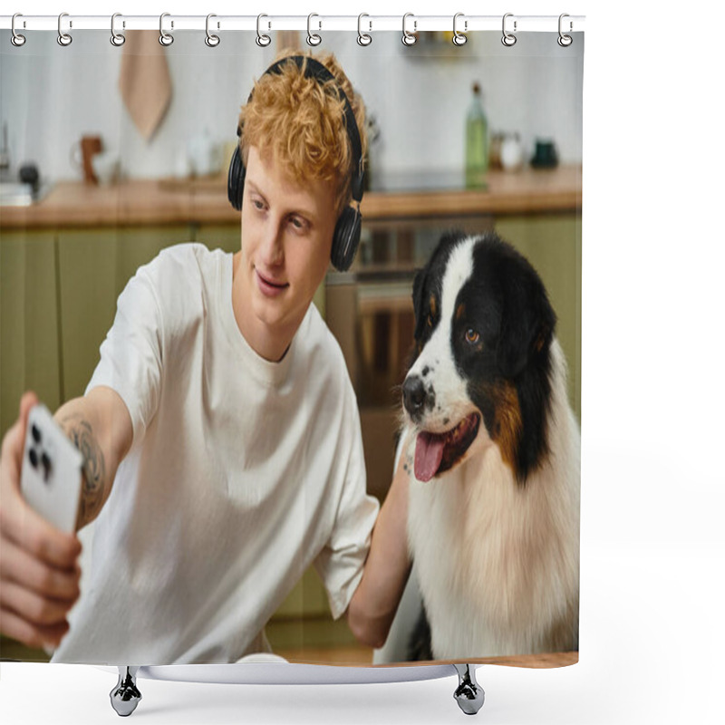 Personality  A Young Man With Red Hair Is Taking Selfies With His Australian Shepherd In Their Modern Apartment. Shower Curtains