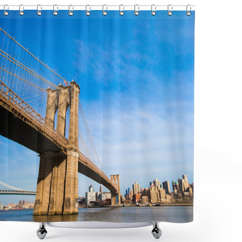 Personality  Brooklyn Bridge Over East River Viewed From New York City. Black And White. Shower Curtains