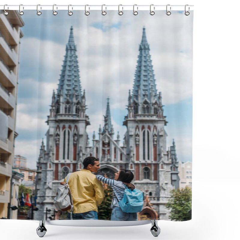 Personality  KYIV, UKRAINE - JULY 8, 2019: Happy Multicultural Friends Standing Near St. Nicholas Roman Catholic Cathedral Shower Curtains