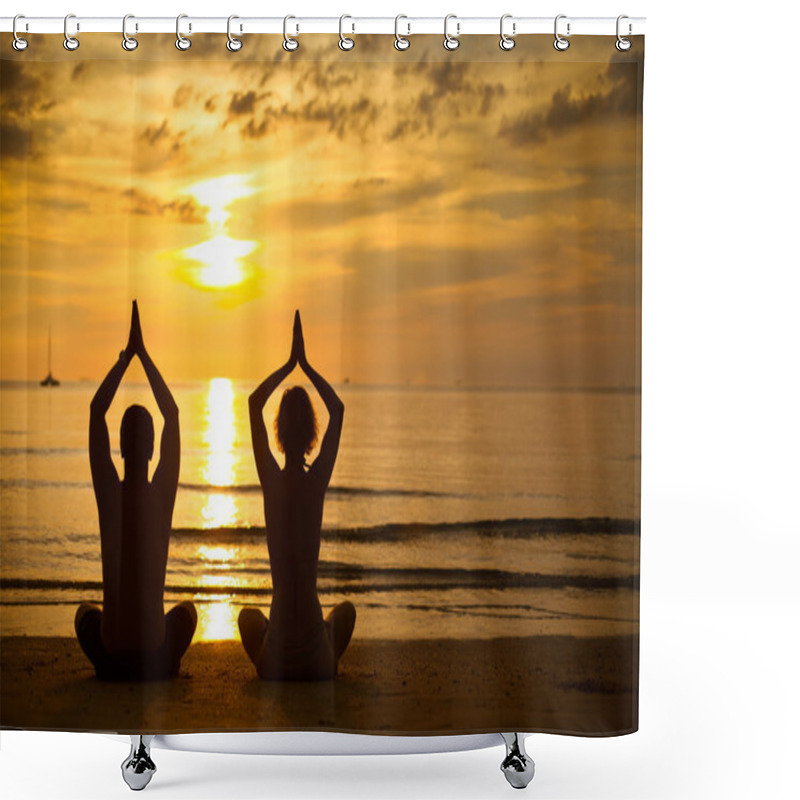 Personality  Young Couple Practicing Yoga On The Sea Beach At Sunset Shower Curtains