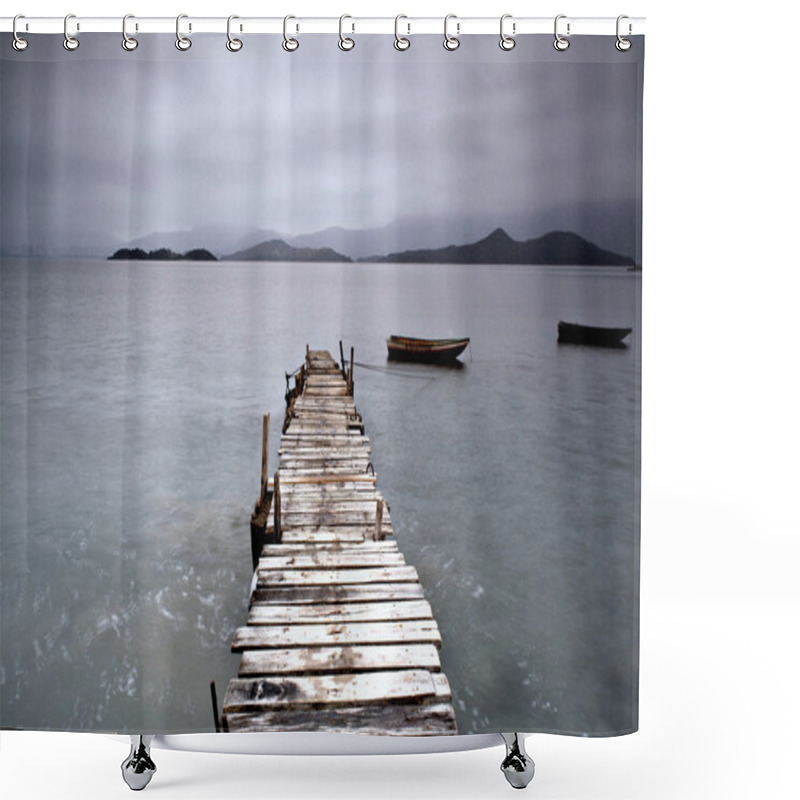 Personality  Pier And Boat, Low Saturation Shower Curtains