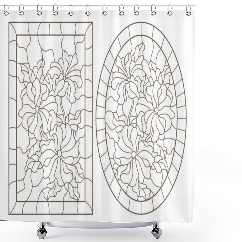 Personality  A Set Of Contour Illustrations Of Stained Glass With Flowers, Oval And Rectangular Image In The Frame, Dark Contours On A White Background Shower Curtains