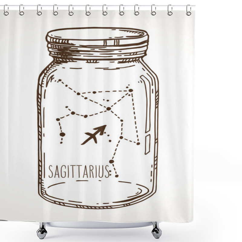 Personality  Sagittarius Zodiac Sign Hand Drawn Constellation In A Mason Jar Shower Curtains