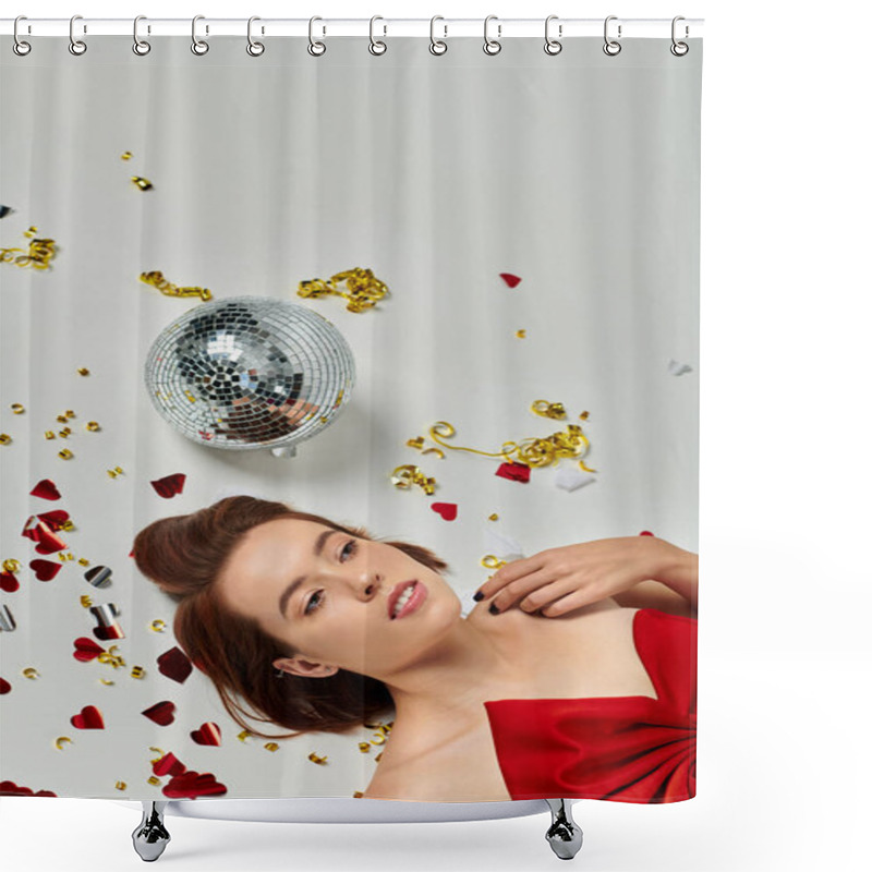 Personality  New Year Party, Young Brunette Woman Lying On Floor Near Confetti And Disco Ball On Grey Backdrop Shower Curtains