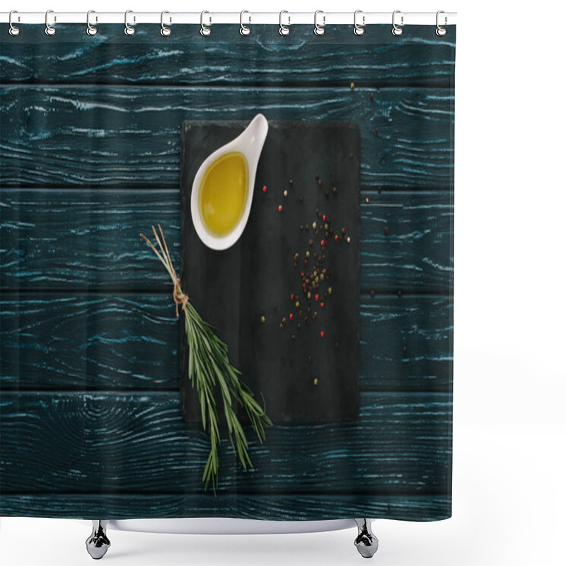 Personality  Top View Of Rosemary, Oil And Pepper Corns Black Stone Slate On Wooden Tabletop Shower Curtains