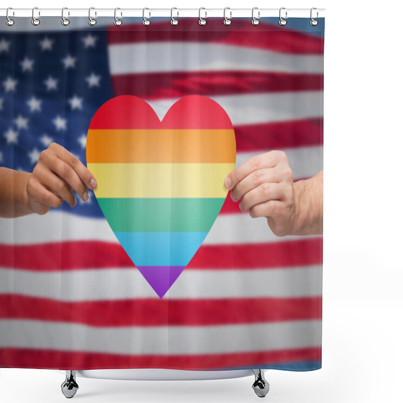 Personality  Hands With Rainbow Heart Shape Over American Flag Shower Curtains