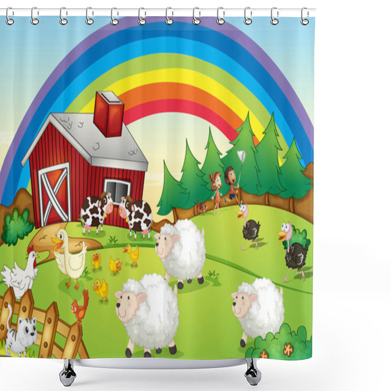 Personality  A Farm With Many Animals And A Rainbow In The Sky Shower Curtains