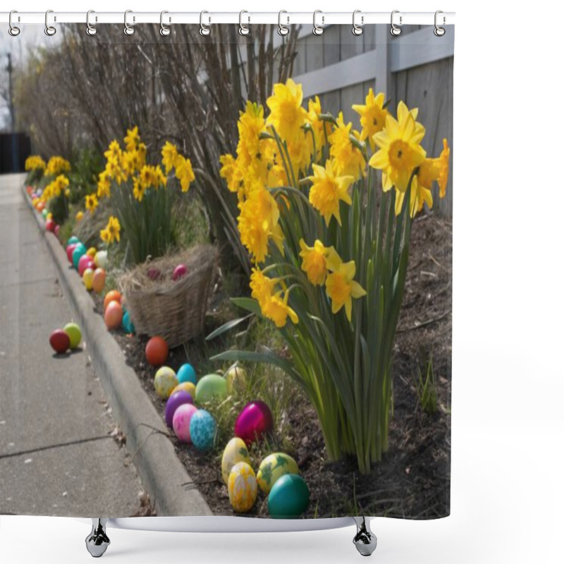 Personality  Bold Yellow Sunflowers Paired With Vibrant Easter Eggs In A Rainbow Of Colors Create A Lively And Eye-catching Display. The Combination Of The Cheerful Flowers And The Bright Eggs Brings Energy And Joy To Any Easter Celebration. Shower Curtains