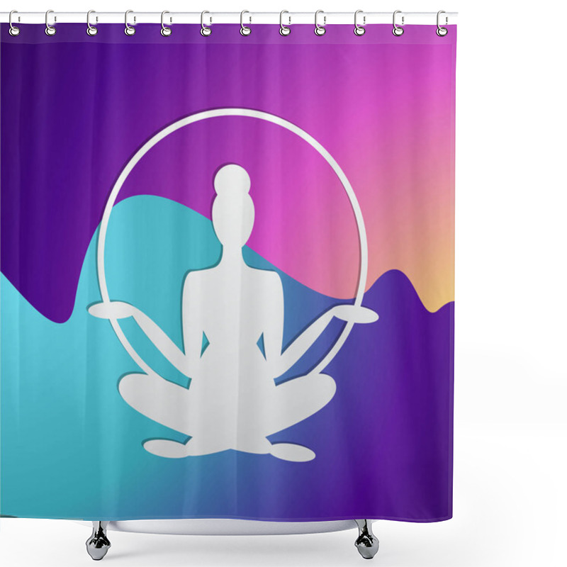 Personality  Girl Silhouette Meditate, Yoga Pose. Logo For Spa, Featured Background. Neon Colors And Paper Crafted Woman, For Web And Print Vector Illustration, With Wave Shower Curtains