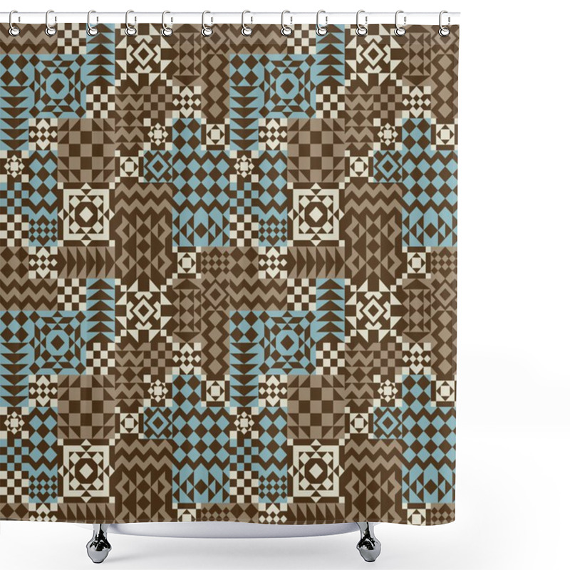 Personality  Geometric Patchwork Pattern In Blue And Brown Shower Curtains