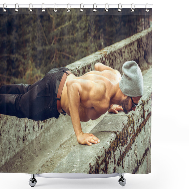 Personality  Slim Fit Man Doing Outdoor Push Ups Shower Curtains