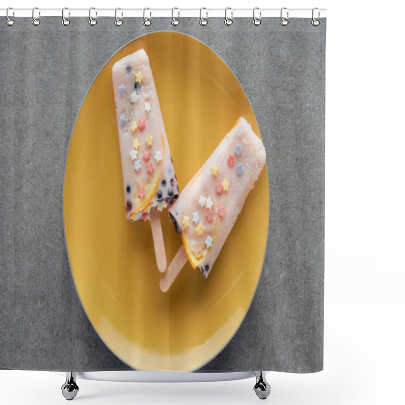 Personality  Top View Of Delicious Fruity Ice Cream On Yellow Plate On Grey Shower Curtains