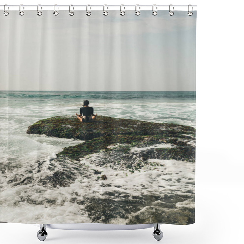 Personality  Young Woman Meditating At The Seaside Cliff Edge Facing The Coming Strong Sea Waves Shower Curtains