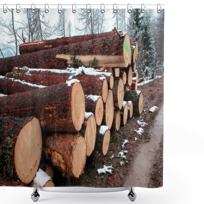 Personality  Round Timber Woods And Snow, Wood Storage In The Winter Shower Curtains