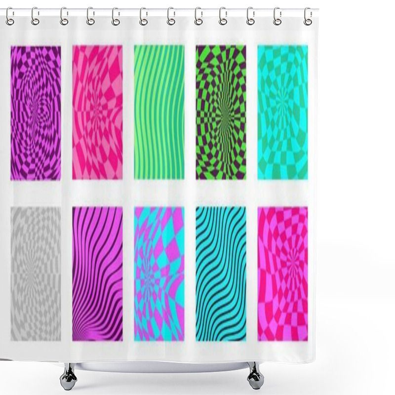 Personality  Colorful Wavy Lines And Psychedelic Checkerboard Patterns. Curvy Shapes, Impression Painting Concept. Abstract Smooth Geometric Texture. Optical Illusion Background, Cute Print Vector Illustration Shower Curtains