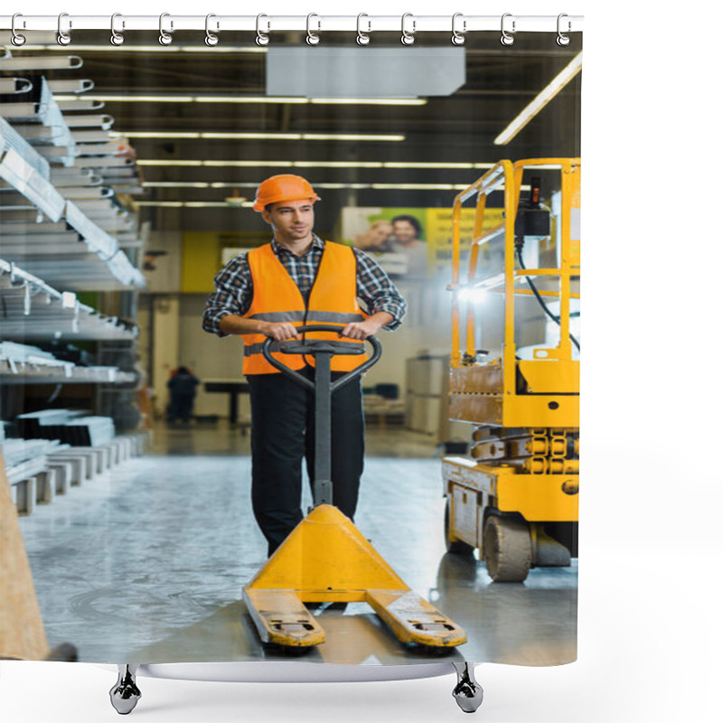 Personality  Handsome Warehouse Worker Standing With Pallet Jack Near Scissor Lift Shower Curtains