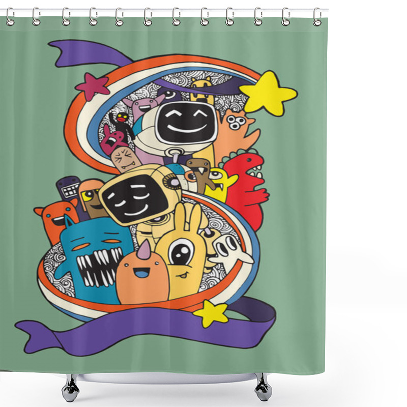 Personality  Hand Drawn Aliens , Monsters And Robot Cartoon Doodle Shower Curtains