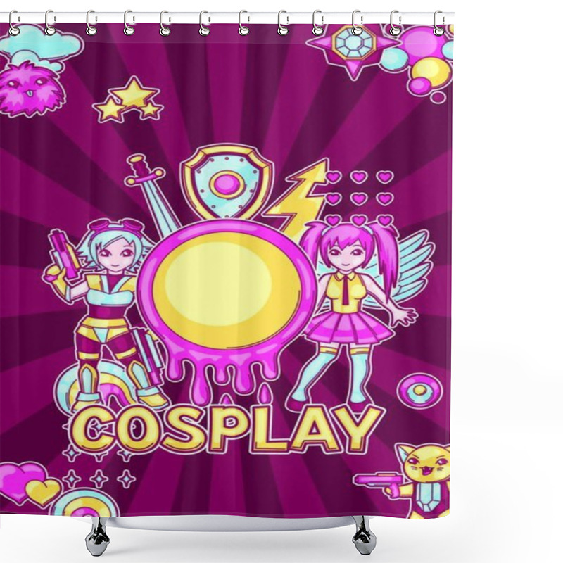 Personality  Japanese Anime Cosplay Background. Cute Kawaii Characters And Items. Japanese Anime Cosplay Background. Cute Kawaii Characters And Items. Shower Curtains