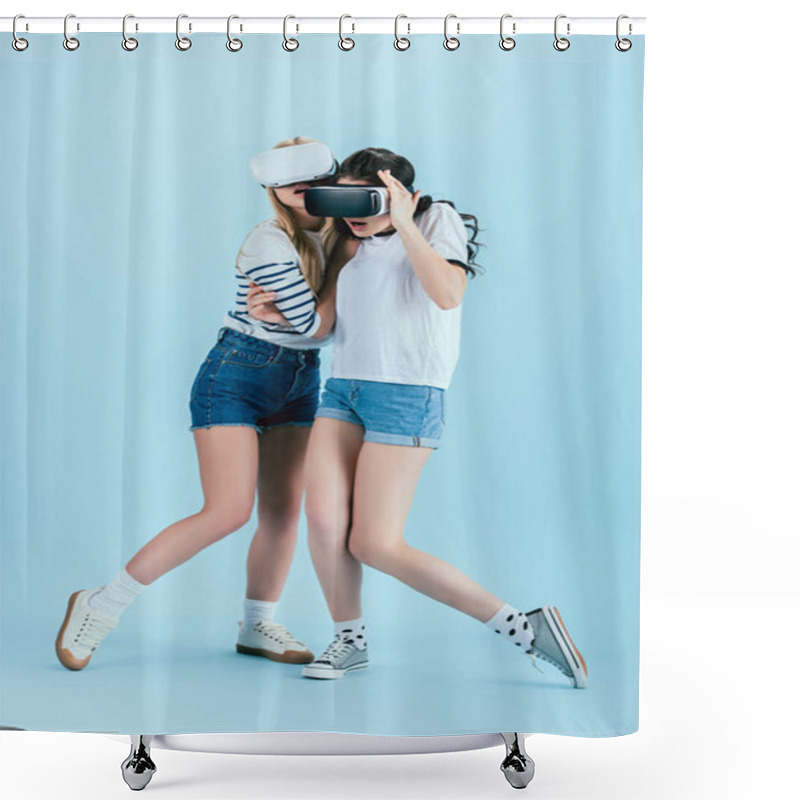 Personality  Studio Shot Of Surprised Girls In VR Headsets Embracing On Blue Background Shower Curtains