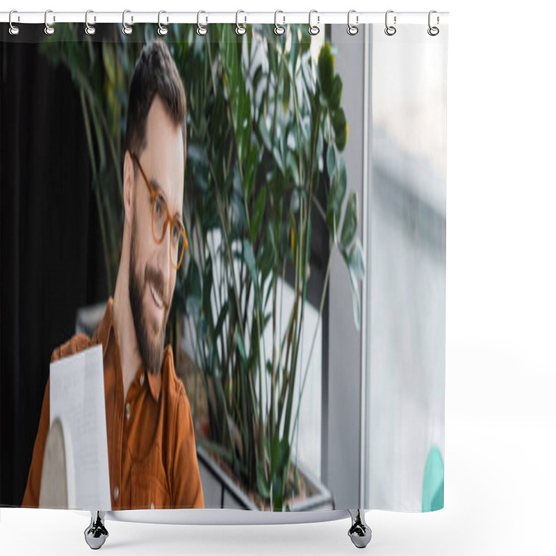 Personality  Brunette Bearded Businessman In Fashionable Eyeglasses And Shirt Smiling Near Document And Green Decorative Plants In Contemporary Office On Blurred Background, Banner Shower Curtains