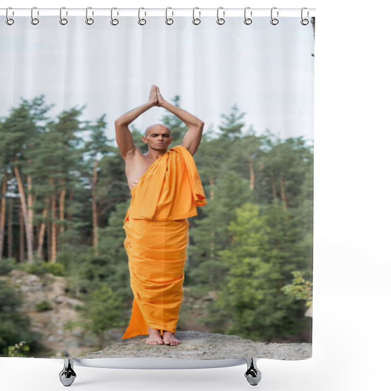 Personality  Full Length View Of Buddhist In Orange Kasaya Meditating With Raised Praying Hands In Forest Shower Curtains