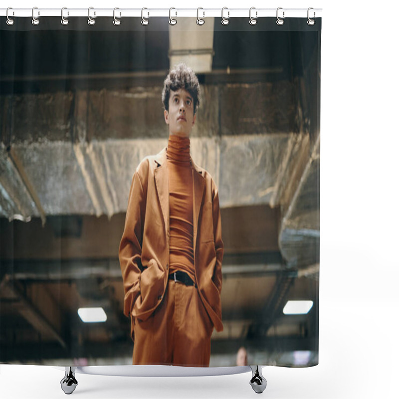 Personality  A Fashionable Young Man Wearing An Orange Turtleneck And Matching Suit, Posed Against A Contemporary Urban Background Shower Curtains