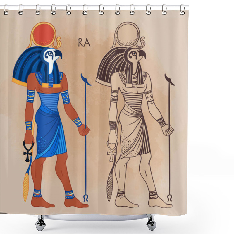 Personality  Portrait Of Ra, Egyptian God Of Sun. Most Important God In Ancient Egypt. Also Known As Amun-Ra And Ra-Horakhty. Vector Isolated Illustration. Man With The Head Of A Hawk And The Sun Disk Shower Curtains