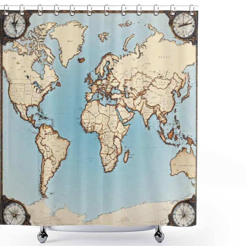 Personality  A High-resolution Digital Artwork Depicting An Intricately Detailed Antique World Map. The Map Showcases The Continents With Precise Topographical Details, Including Mountains, Rivers, And Oceans, Rendered In Soft Earthy Tones Of Browns, Greens, And Shower Curtains