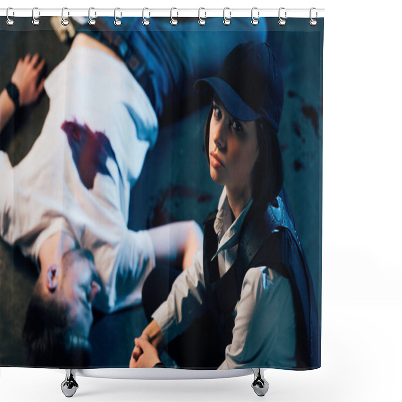 Personality  Overhead View Of Investigator Sitting Near Cadaver At Crime Scene Shower Curtains