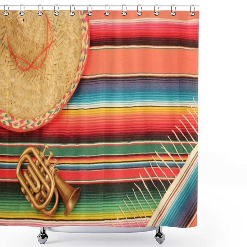 Personality  Fiesta Mariachi Poncho Sombrero Blanket Background With Copy Space And Serape Trumpet Stock, Photo, Photograph, Image, Picture, Shower Curtains