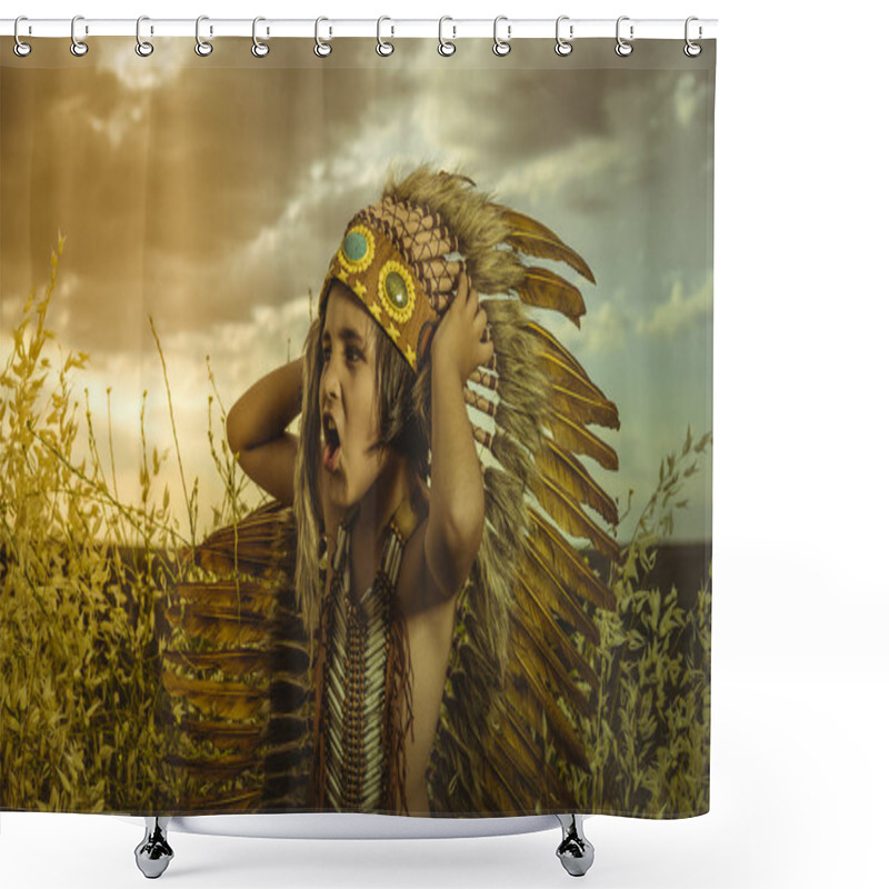 Personality  American Indian Boy Dressed In Traditional Feathered Costume, Wearing A Tuft On His Head, Picture At Sunset In A Wheat Field Shower Curtains