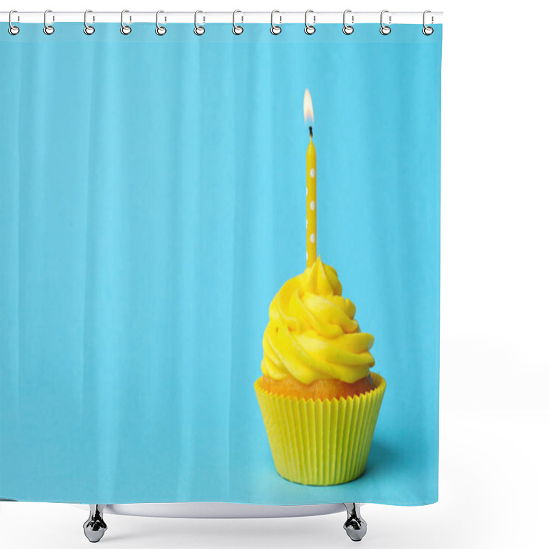 Personality  Delicious Birthday Cupcake With Yellow Cream And Burning Candle  Shower Curtains