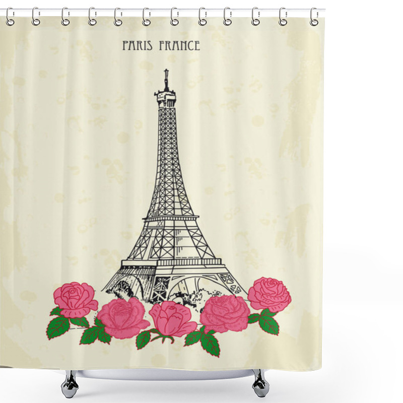 Personality  Retro Postcard With Eiffel Tower And Pink Roses. Paris, France. Shower Curtains