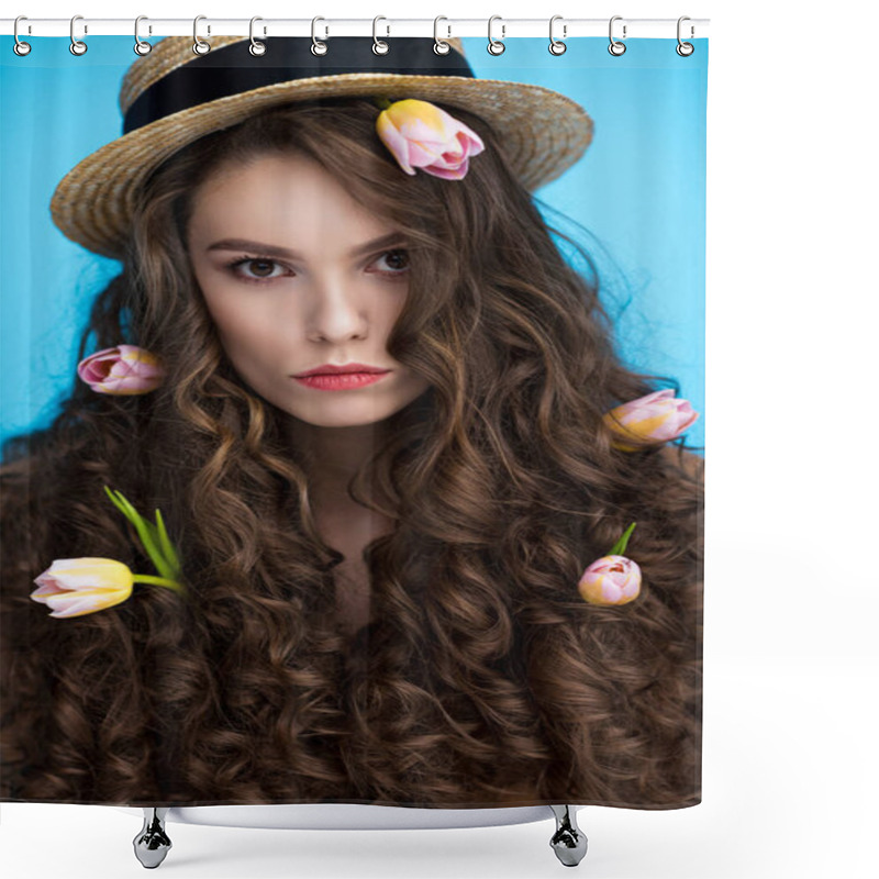 Personality  Serious Woman In Canotier Hat With Flowers In Her Long Curly Hair Looking At Camera Shower Curtains