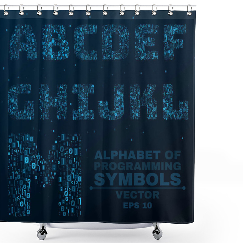 Personality  Alphabet From The Symbols Of The Program Code. Programming In Design. Glowing Letters Are Blue. A, B, C, D. Vector Illustration. EPS 10 Shower Curtains