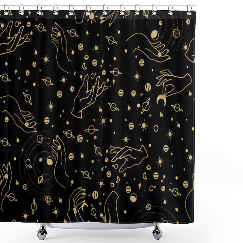 Personality  Wiccan Seamless Pattern With Magic Symbols. Space And Mystical Objects, Spirituality And Occultism, Ideal For Textiles, Magic Stores, Fortune Tellers, Tarot Readers Shower Curtains