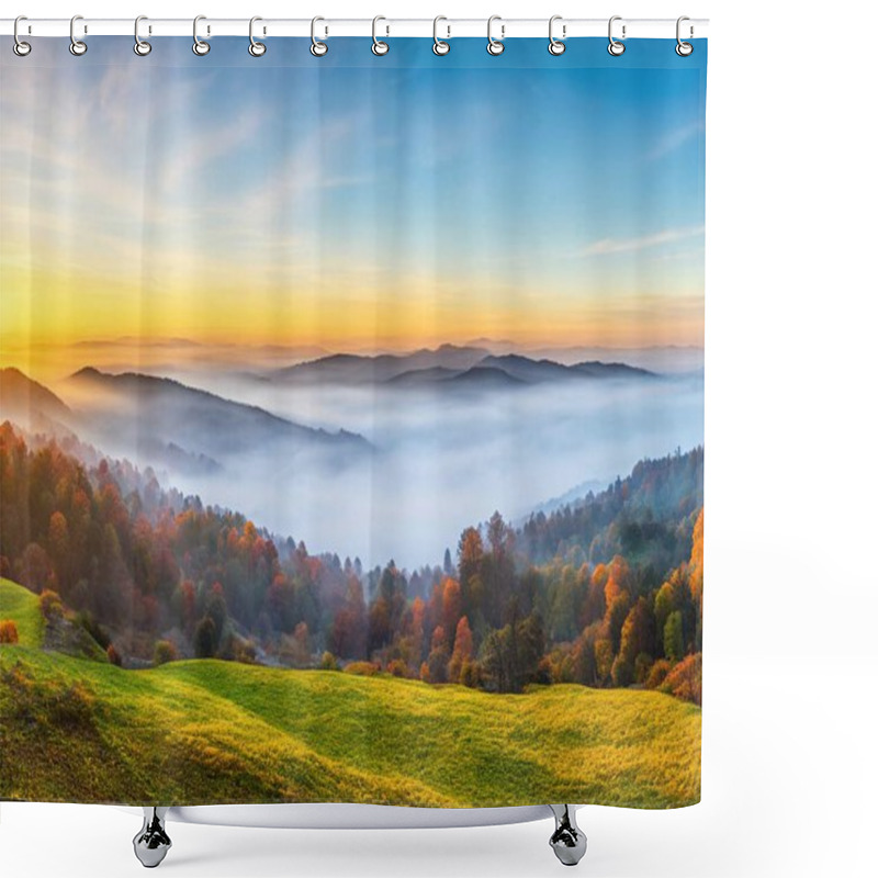 Personality  Panoramic View Of Mountains Autumn Landscape With Foggy, Black Forest Germany. Shower Curtains