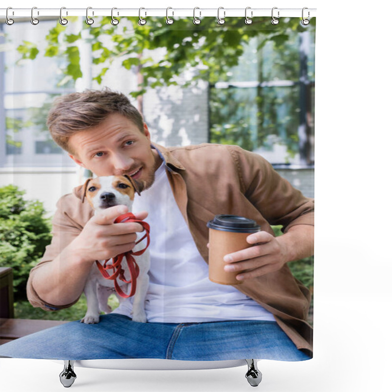 Personality  Young Man With Jack Russell Terrier Dog Holding Coffee To Go And Pointing With Finger While Sitting On Bench Shower Curtains