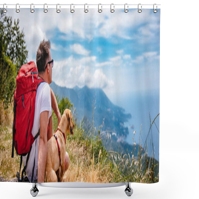 Personality  Man With Red Backpack And Small Yellow Dog Sitting On Top Of The Mountain And Looking At Sea Horizon Shower Curtains