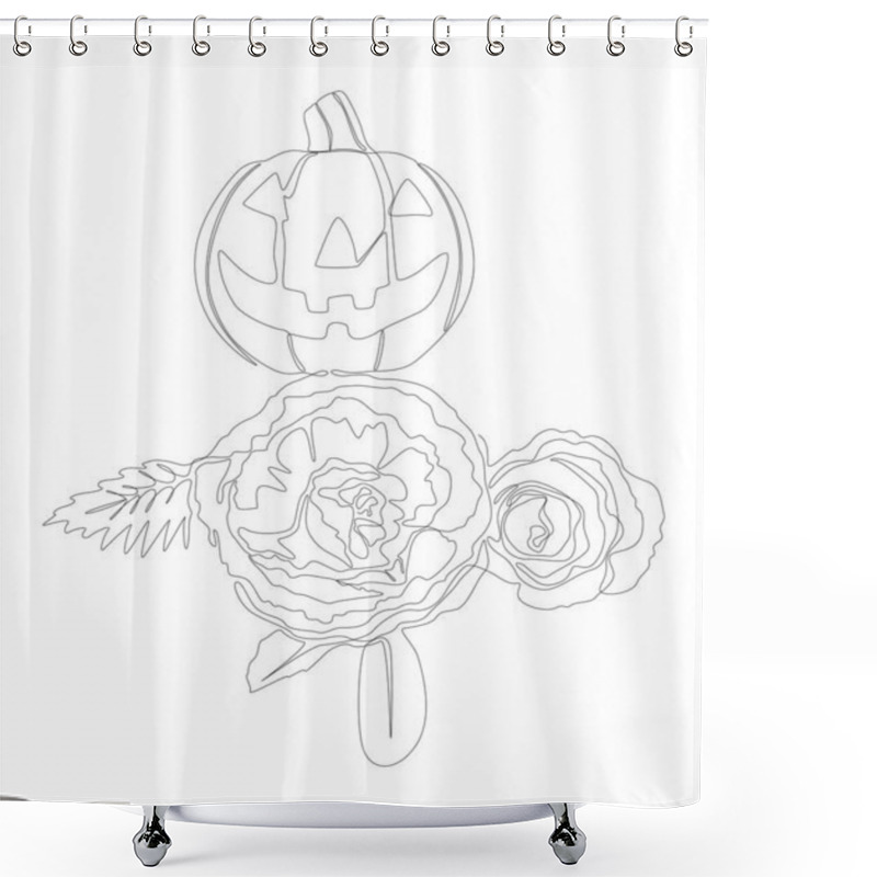 Personality  One Continuous Line Of Jack O' Lantern With Rose Flowers. Thin Line Illustration Vector Concept. Contour Drawing Creative Ideas. Shower Curtains