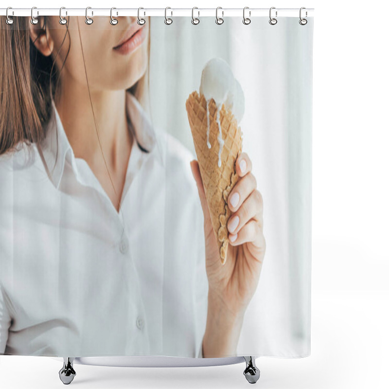 Personality  Cropped View Of Woman Holding Melting Ice Cream In Cone Shower Curtains