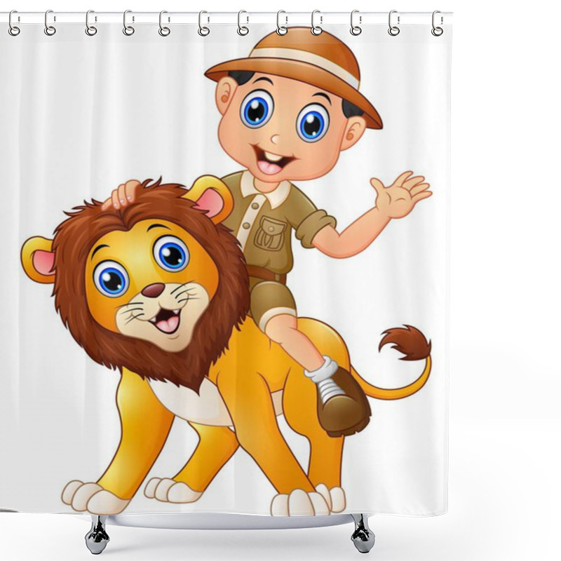 Personality  Young Boy In Safari Suit And Wild Lion Cartoon Shower Curtains