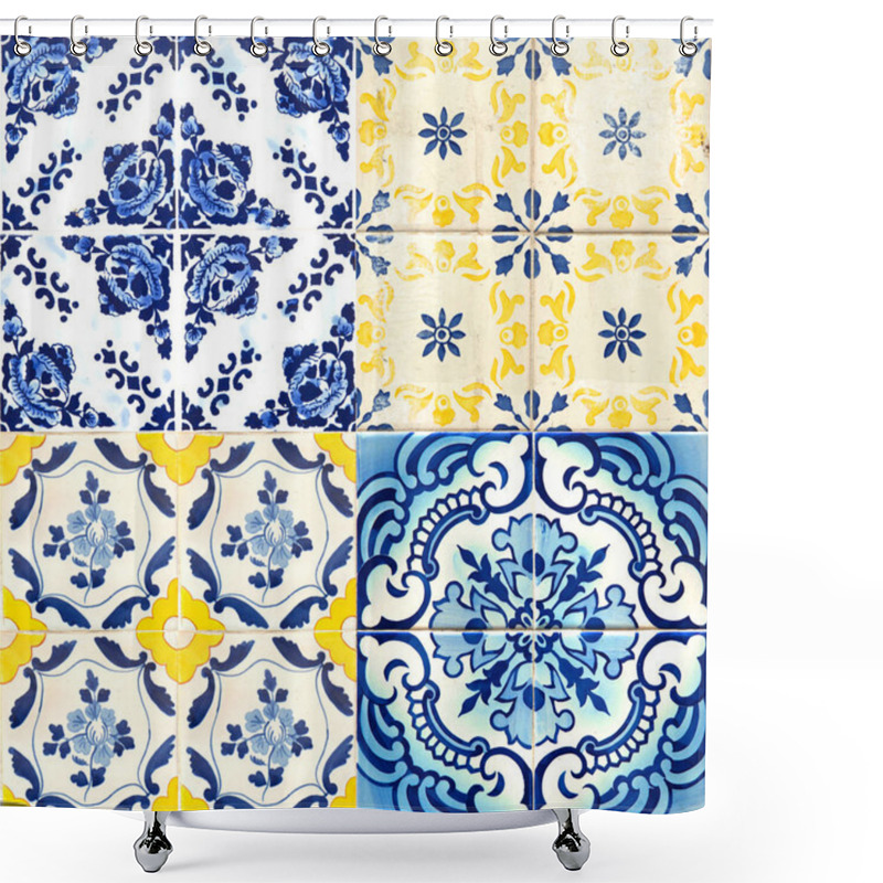 Personality  Photograph Of Four Traditional Portuguese Tiles With Blue And Yellow Colours Shower Curtains