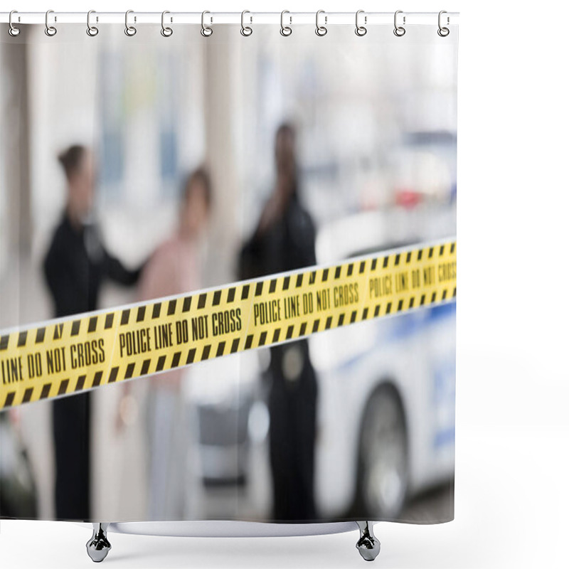 Personality  Closeup View Of Cross Line And Police Officers Arresting Woman On Blurred Background  Shower Curtains