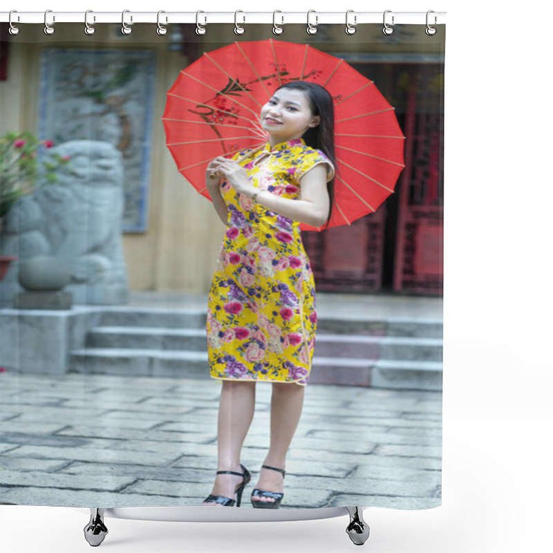 Personality  Ho Chi Minh City, Vietnam - August 3rd, 2019: Vietnamese Traditional Cheongsam Dress Girl Posing As A Charm On Beautiful Morning In The Temple At Ho Chi Minh City, Vietnam Shower Curtains